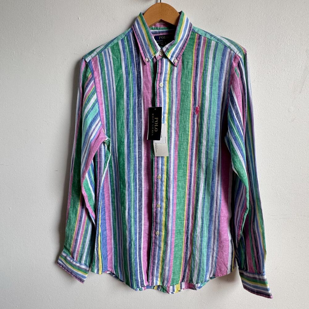NWT POLO RALPH LAUREN Men's Custom Fit Linen Multicolor Stripe Button-down Shirt
